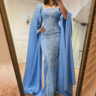 Blue Muslim Elegant Mermaid Evening Dress: Cape Sleeves, Arabic Beaded Gowns for Women's Wedding Party 2024