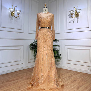 Ships in 1 to 3 Days - 2024 Muslim Gold Mermaid Evening Dress - Luxury Elegant Beaded Gown with Sashes for Women’s Parties