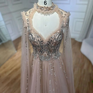 2024 Arabic Nude A-Line Elegant Evening Dress with Cape Sleeves - Beaded Luxury Gown for Women's Wedding Party