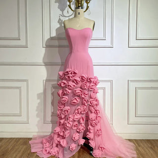 Ships in 1 to 3 Days - Mermaid Evening Dress for Girls: Arabic Pink 3D Flowers Elegant Strapless Dress with Side Slit Prom Party Gowns