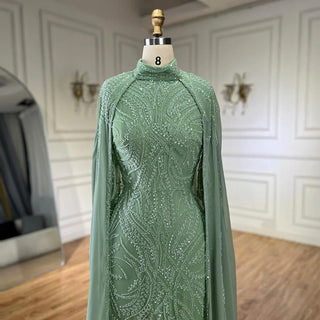 Ships in 1 to 3 Days - 2024 Muslim Sage Green Mermaid Cape Sleeves Beaded Satin Luxury Evening Dresses Gowns for Women Party