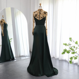 Opulent Olive: Luxury Dubai Mermaid Evening Dress with Long Sleeves for Elegant Weddings