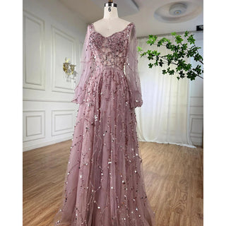 Ships in 1 to 3 Days - Muslim Gold Luxury A-Line Evening Dress 2024: Puff Sleeves, Beaded, for Woman Party