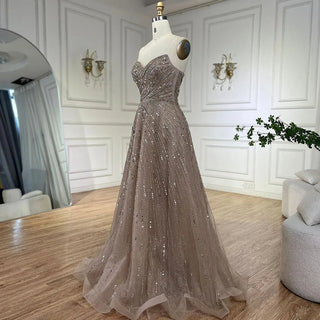 Arabic Caramel A-Line Strapless Beaded Luxury Dubai Evening Dresses Gowns For Women Wedding Party 2024