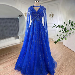 Arabic Blue A-Line Elegant Evening Dress: Luxurious Cape Sleeves with Beaded Embellishments for Women's Wedding Party 2024