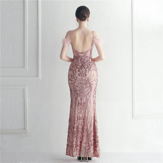 Sexy Pink Sequin Evening Dress with Slit - Luxury Feather Stretch Sleeveless Cocktail Party Prom Dress