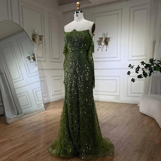 Dubai Arabian Green Luxury Evening Gown 2024 - Strapless Mermaid Dress with Gloves for Women's Wedding Parties