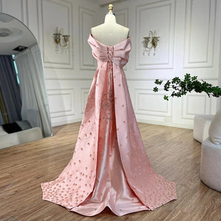 Ships in 1 to 3 Days - Luxury Dubai Peach Satin Mermaid Evening Gown 2024 - Elegant Appliqués for Women's Wedding Party