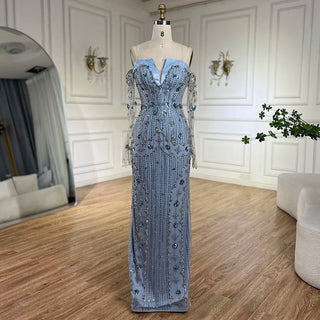 Ships in 1 to 3 Days - Arabian Lilac Mermaid Strapless Luxury Beaded Evening Gown with Glove Sleeves for Women - Wedding Party 2024