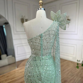 Ships in 1 to 3 Days - Sage Green One-Shoulder Mermaid Evening Gown - Luxurious Dubai Arabic Design with Pearls