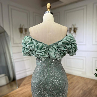 Luxury Dubai Sage Green Evening Dresses for Arabic Women: Elegant Off-Shoulder Mermaid Gown, Ideal for Champagne Wedding Parties