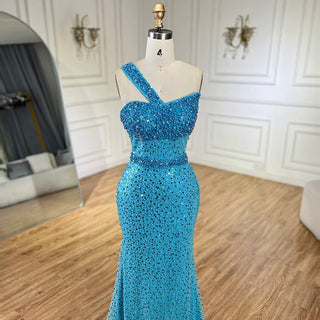 Ships in 1 to 3 Days - Luxury Blue One-Shoulder Mermaid Evening Dress - Dubai Gown with Beading for Women's Party 2024