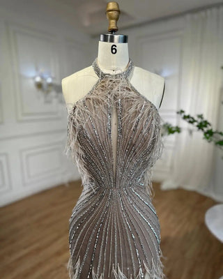 Caramel Mermaid Sleeveless Evening Gown: High Split with Beaded Feathers for Women's Wedding Party 2024