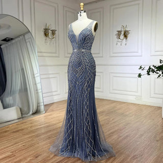 2024 Blue Mermaid Elegant Spaghetti Straps Beaded Luxury Evening Dress - Gown for Women's Wedding Party