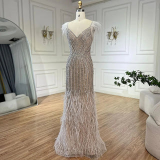 White Nude Feathers Beaded Spaghetti Strap Luxury Dubai Evening Dresses Gowns For Women Wedding Party 2024