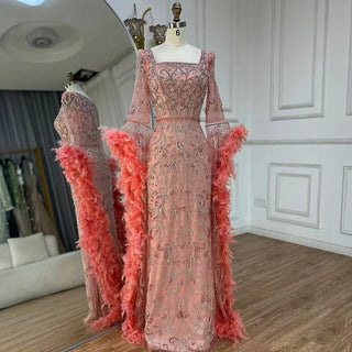 Ships in 1 to 3 Days - 2024 Luxury Peach Mermaid Evening Dress - Flared Sleeves Beaded Feather Gown for Women’s Parties