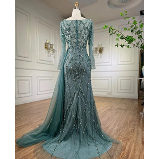 Ships in 1 to 3 Days - Turquoise High Split Mermaid Long Sleeves Evening Dress with Beading for Women Wedding Party