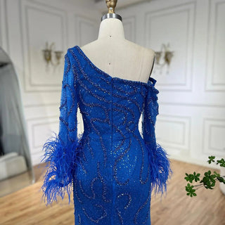 Ships in 1 to 3 Days - Blue Mermaid Elegant One-Shoulder Beaded Feathers Luxury Evening Dress Gown for Women's Wedding Party 2024