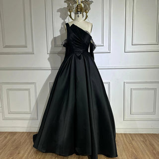 2025 Black One-Shoulder Satin A-Line Beaded Evening Gown with Sleevelets for Women’s Party - Saudi Dress