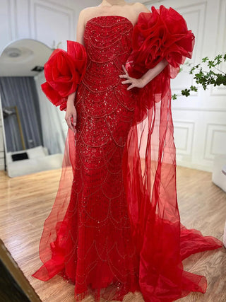 Ships in 1 to 3 Days - Red Long Cape Mermaid Evening Dress with Puff Sleeves, Beaded Overskirt, and Elegant Design for Women's Party