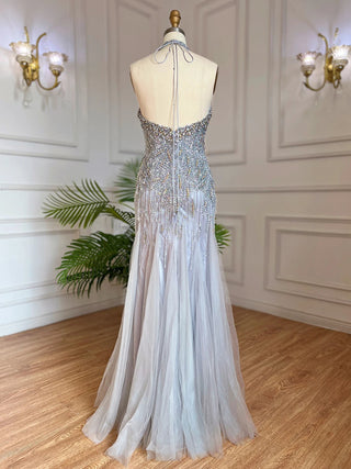 Grey Floor Length Mermaid Sexy Halter Crystal Tassel Beaded Arabic Evening Dress 2024 - Women's Gown