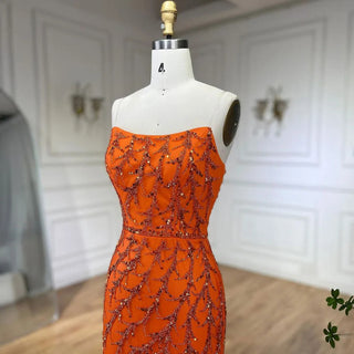 Sunkissed Glamour: Orange Spaghetti Strap Mermaid Evening Gown - Luxury Feather and Bead Detail for Women's Wedding Party