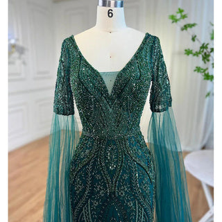 Emerald Elegance: 2024 Luxury Evening Dresses with Cape Sleeves in Rose Gold and Gray