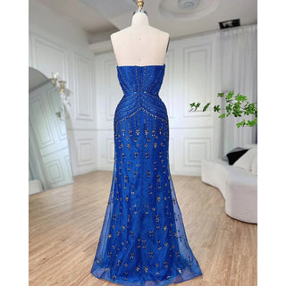 2024 Blue Strapless Mermaid Evening Gown with Overskirt: Beaded Elegance for Formal Occasions - Women's Party Attire