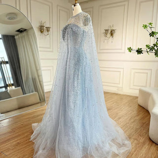 Ships in 1 to 3 Days - 2024 Arabic Blue Luxury Dubai Evening Gown | A-Line Elegant Cape Sleeves Beaded Dress for Women's Party