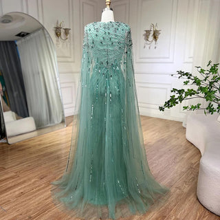 Ships in 1 to 3 Days – Dubai's Luxe Elegance: Sage Green Evening Dresses with Cape, Fuchsia Crystal, and Gold Accents for Women's Weddings and Formal Parties (2024)