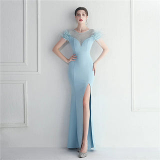 Elegant Feather Crystal Evening Dress with Sexy Slit - Floor-Length Party Maxi Celebrity Dress