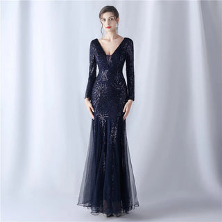 Sexy Navy Sequin Long Sleeve Prom Dress - Evening Party Maxi Dress