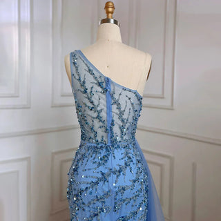 Blue Sexy One Shoulder Mermaid Elegant Beaded Arabic Evening Dress Gown for Women Wedding Party 2024