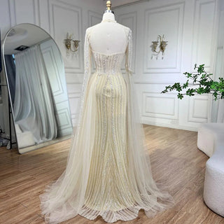 2024 Blue Mermaid Evening Gowns Luxury Beaded High Split Cape Sleeves Long Dresses for Women's Wedding Party