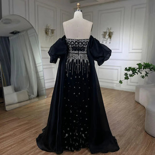 Ships in 1 to 3 Days - Black Mermaid Evening Gown with Puff Sleeves: Beaded Overskirt Design for Women's Party