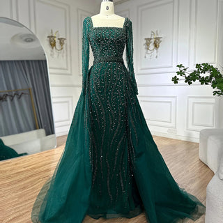 Luxurious Green Beaded Mermaid Evening Gown with Overskirt