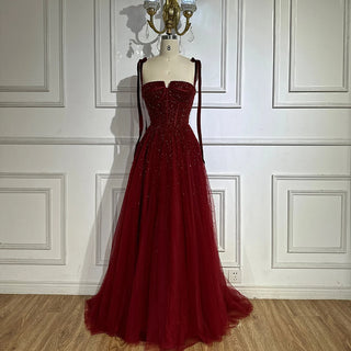 Ships in 1 to 3 Days - 2024 Saudi Wine Red Beaded Evening Gown - Spaghetti Strap A-Line Luxury Floor-Length Dress for Formal Occasions