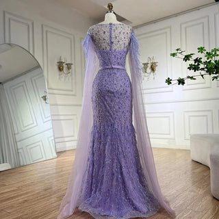 Ships in 1 to 3 Days - 2024 Pink Cape Sleeves Dubai Evening Gown Mermaid with Side Skirt and Feather Beaded Dress for Women's Party