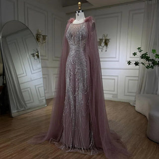 Arabic Pink Mermaid Evening Dress with Elegant Luxury Feathers Beaded Cape Sleeves for Women's Party 2024