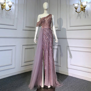 Pink Luxury High Split Evening Dress: 2024 Beaded Elegant Mermaid for Women's Party