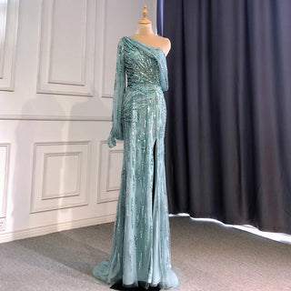 Turquoise Mermaid High Split Evening Gown - Elegant Luxury with Beaded Detailing for Women's Party 2024