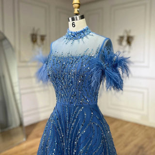 Ships in 1 to 3 Days – Arabic Blue A-Line Sleeveless Luxury Evening Dress: Beaded Feathers for Women's Wedding Party