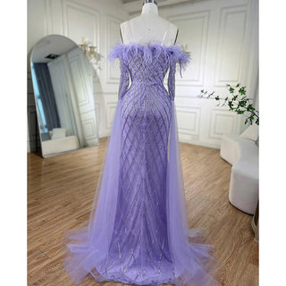 Dubai Caramel Feather Beaded Mermaid Evening Gown: Elegant Cape Sleeves for Women's Wedding Party 2024