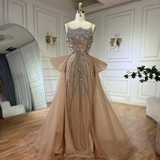 Nude Beaded Spaghetti Strap Evening Gown with Overskirt – Custom 2025 Saudi Design