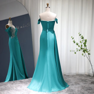 Turquoise Temptation: Elegant Off-Shoulder Mermaid Evening Dress with Overskirt, Perfect for Women at Wedding Parties in Fuchsia and Formal Events.