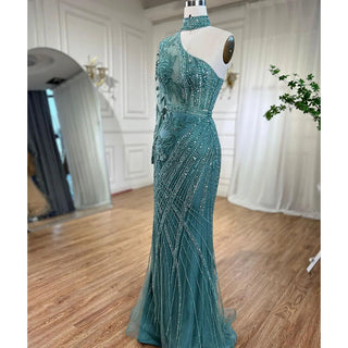 One-Shoulder Beaded Turquoise Mermaid Evening Dress for Women's Wedding Party