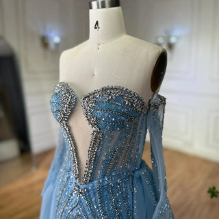 Blue Mermaid Evening Gown with Gloves and Detachable Overskirt – 2025 Custom Arabia Design