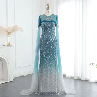 Mermaid Turquoise Crystal Dubai Evening Dress with Cape Sleeves Arabic Women Wedding Party Gown