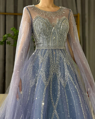 Ships in 1 to 3 Days - 2024 Nude and Blue A-Line Beaded Arabic Evening Gown - Cape Sleeves Dress for Formal Occasions