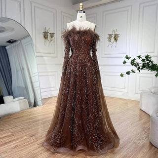 Ships in 1 to 3 Days - 2024 Brown Feathers Beaded Evening Dress with Cape Sleeves - A-Line Gown for Women's Wedding Party